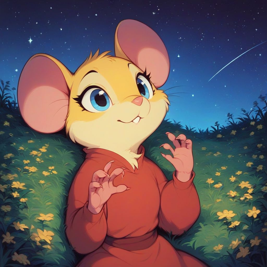score_9, score_8_up, score_8, solo, (fluffy:0.8), (feral), furry, (((mouse))), female, claws, (fluffy cheeks:0.7), (red dress), (solo:2), j_cartoon, yellow fur, blue eyes, night, stars, lying in the grass, lying on back, (looking at the sky), (upper body shot, portrait:1.5), side view