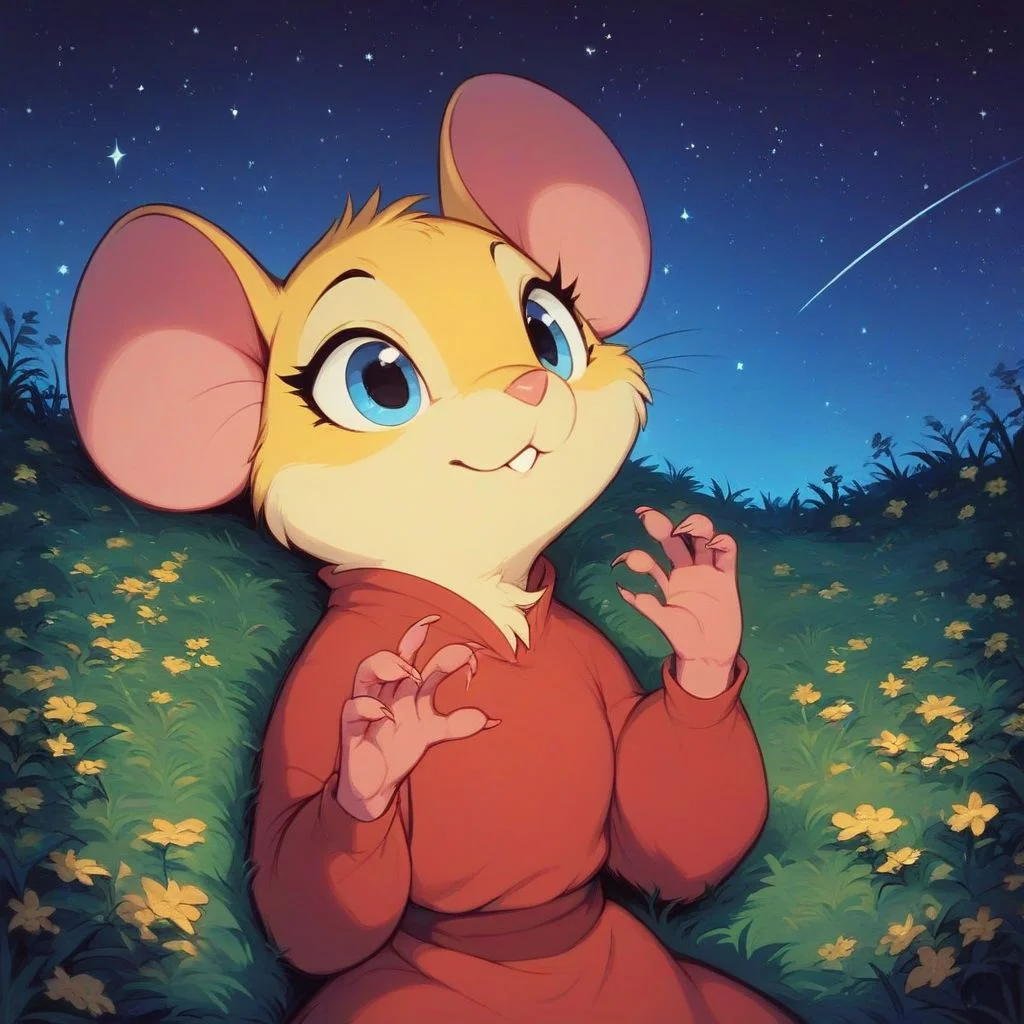 score_9, score_8_up, score_8, solo, (fluffy:0.8), (feral), furry, (((mouse))), female, claws, (fluffy cheeks:0.7), (red dress), (solo:2), j_cartoon, yellow fur, blue eyes, night, stars, lying in the grass, lying on back, (looking at the sky), (upper body shot, portrait:1.5), side view