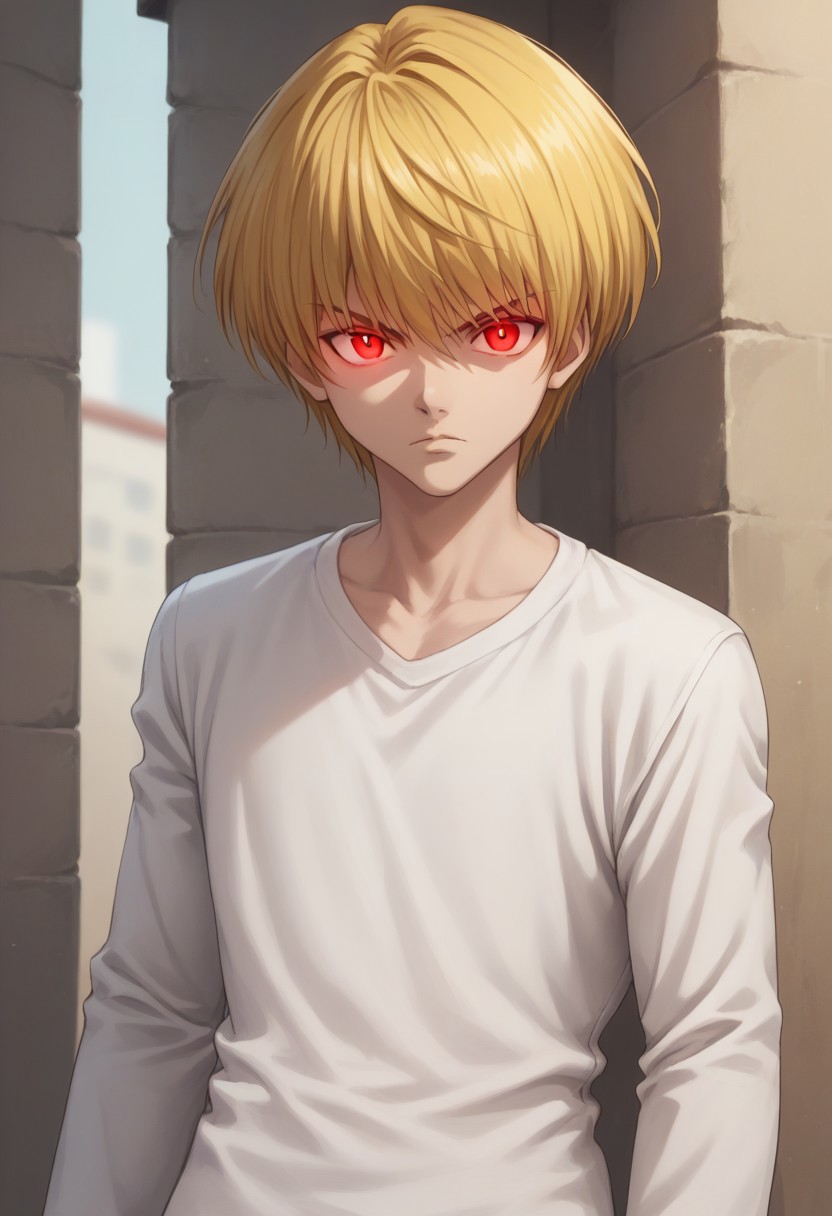 score_9, score_8_up, score_7_up, source_anime, highly detailed, 
kurapika, 1boy, male focus, solo, blonde hair, short hair, bangs, red eyes, shirt, white shirt, long sleeves, upper body, looking at viewer, glowing eyes, serious.
outdoor,