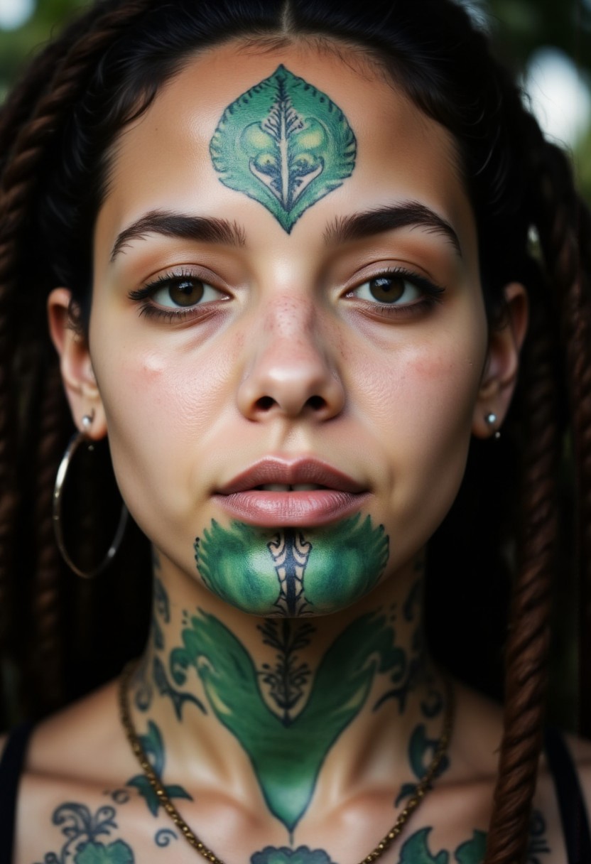 closeup portrait of a indigenous woman with dreadlocks with vibrant Green chin-tattoo resembling an tree icon
