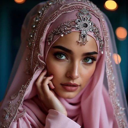 A close-up of a Middle Eastern woman wearing a luxurious pink satin hijab, intricately embroidered with silver and pink jewels. Her light green eyes, framed by perfectly shaped brows and accentuated by dark eyeliner, are captivating. The softly blurred background, with warm bokeh lights, enhances the elegance and mystique of her gaze.
Cool, blue-tinted lighting contrasting with warm highlights on the jewelry.Subtle rim lighting outlining the edges of the hijab. Delicate light reflections on the gems, adding sparkle.
Her characteristics are Smooth, flawless tanned skin with a natural glow. Refined, elegant nose with a delicate bridge.Delicate, minimal makeup emphasizing her natural beauty.Soft, warm-toned eyeshadow complementing her eye color.
Pink satin hijab with intricate silver embroidery along the edges. Delicate veil adorned with tiny, dangling pink gemstones. Jeweled headpiece with a central gem resting on her forehead. Subtle metallic accents in the embroidery, reflecting light.
Long, flowing sleeves with delicate lace trimming. Soft, sheer layer of fabric over the satin, adding dimension. long sleeves past wrist.
Her right hand lightly touches the edge of her veil near her cheek, eyes looking thoughtfully into the distance.
Abstract geometric patterns with muted metallic tones.