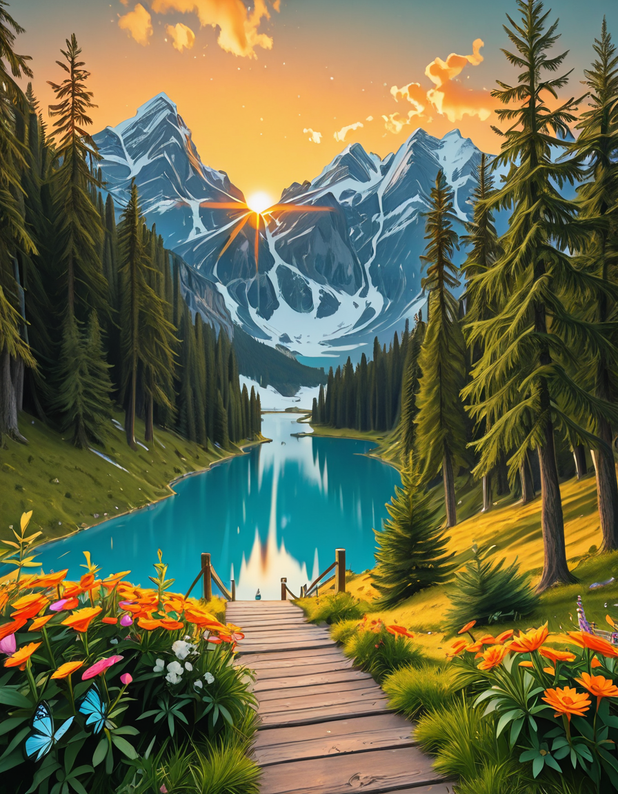 A breathtaking, high-resolution photograph of the most beautiful place on Earth, where natureâs wonders blend in perfect harmony. Towering, snow-capped mountains rise majestically in the background, their peaks glowing under the golden hues of a setting sun. Below, a crystal-clear turquoise lake reflects the colors of the sky, surrounded by lush, green forests filled with ancient trees, vibrant wildflowers, and cascading waterfalls. A soft mist rises from the valley, adding a dreamlike quality to the scene. In the distance, rolling meadows stretch toward the horizon, dotted with colorful flowers and serene wildlifeâgraceful deer grazing, birds soaring in the sky, and butterflies dancing in the breeze. A wooden footpath winds through the landscape, leading to a secluded, tranquil spot where the beauty of nature can be fully admired. The air is crisp and filled with the soothing sounds of rustling leaves, flowing water, and distant birdsong. The sky above is a masterpiece of colorsâdeep oranges, purples, and pinks blending seamlessly as the sun sets, casting a magical glow over this untouched paradise. The atmosphere is peaceful, awe-inspiring, and filled with a deep sense of wonder and tranquility, as if stepping into a perfect dream.
<lora:SDXLFaeTastic2400:0.4> <lora:extremely_detailed:0.4> extremely detailed,Earth P4r4d1s3, <lora:Earth_P4r4d1s3-i:1>, Masterpiece,best quality,hi res,8k,hi res,8k,award winning,(sharp focus, intricate, highly detailed),