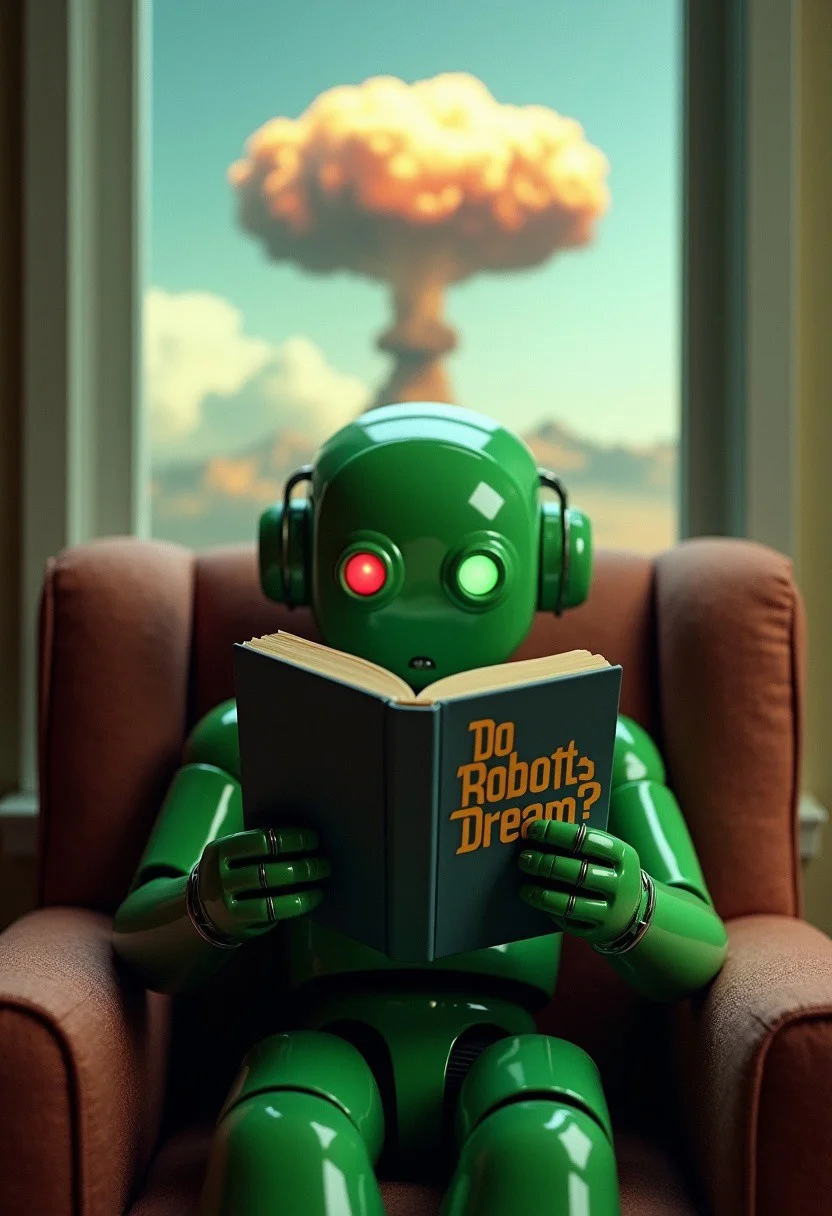 A green humanoid robot sits in a comfortable chair reading a book. Only the robot's eyes are visible behind the book. One eye glows red and the other glows green. The book is turned toward the viewer, and the book cover reads in large letters "Do Robots Dream?" The image is focused on the book. In the background is a window. Outside the window is the mushroom cloud of an atomic bomb.