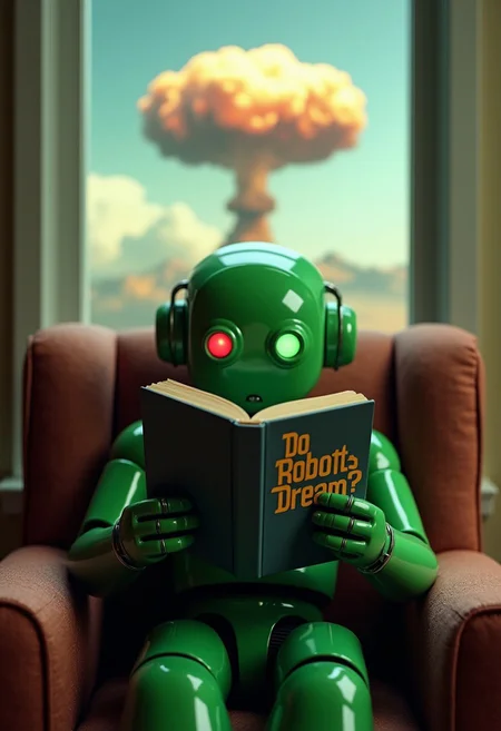 A green humanoid robot sits in a comfortable chair reading a book. Only the robot's eyes are visible behind the book. One eye glows red and the other glows green. The book is turned toward the viewer, and the book cover reads in large letters "Do Robots Dream?" The image is focused on the book. In the background is a window. Outside the window is the mushroom cloud of an atomic bomb.