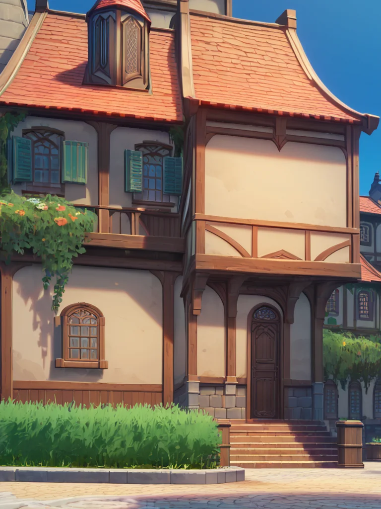 score_9, score_8_up, score_7_up, score_6_up, score_5_up, score_4_up, source_anime, official art,  <lora:mondstadt_background-ponyxl-v11h:1>, city, mondstadt, scenery, architecture, outdoors, building, cityscape, house, sky, blue sky, tree, plant, cloud, grass, road, bush, railing, lamppost, door, stairs