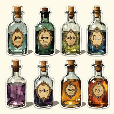 "A collection of vintage apothecary potion bottle stickers in a soft watercolor style. The bottles have an antique, magical aesthetic, with glass in muted shades of blue, green, purple, and amber. Each bottle is sealed with a cork and features an ornate, decorative label with intricate flourishes and a hand-drawn typeface. The text on the labels is whimsical and resembles old alchemical or fantasy-inspired names. The overall design is elegant and slightly worn, evoking the charm of an old-world potion shop. The background is neutral, making the stickers stand out with their delicate watercolor texture and soft shading." Anime art
