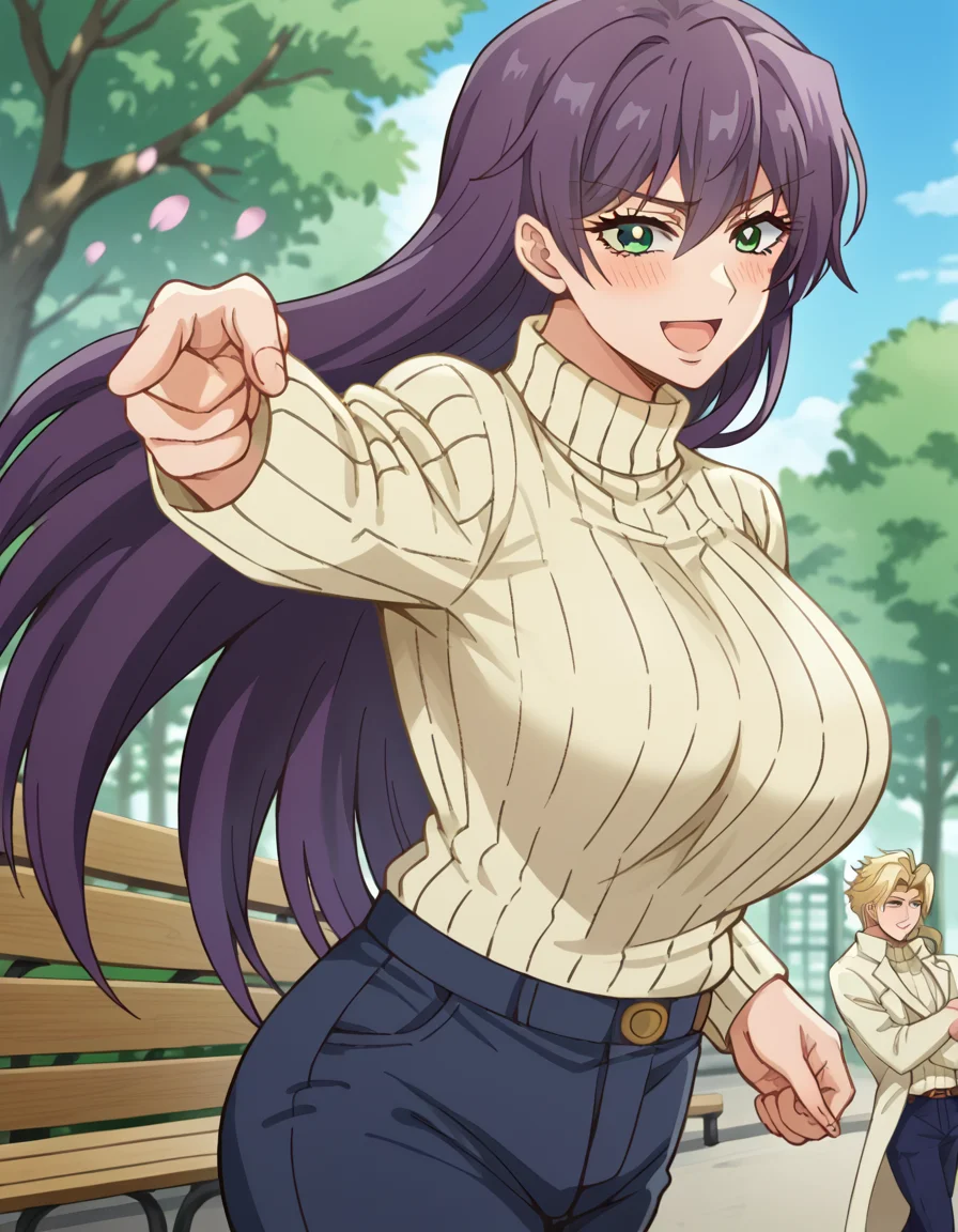 score_9, score_8_up, score_7_up, source_anime, <lora:yutaka-shinozaki-s1-ponyxl-lora-nochekaiser:1>, yutaka shinozaki, long hair, bangs, very long hair, green eyes, purple hair,, large breasts, mature female, long sleeves, pants, sweater, turtleneck, ribbed sweater, turtleneck sweater, blue pants, white sweater, park, cherry blossoms, bench, gentle breeze, peaceful, running, open mouth, smile, <lora:jotaro-kujo-pose-ponyxl-lora-nochekaiser:1>, jotaro kujo pose, kujo jotaro's pose (jojo), jojo pose, pointing, pointing at viewer, blush, open mouth, bed room,, cowboy shot, looking at viewer, solo,, dutch angle, cowboy shot