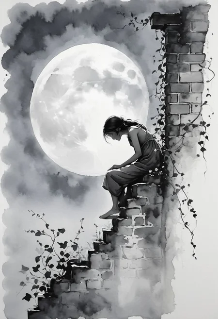 ink-painting, ink wash,, ink wash painting,, white background, flowering honeysuckle vine growing up a crumbling brick wall, silhouette of a young girl sitting on top of the wall, backlit by an enormous moon, monochrome, greyscale, minimalistic, nature, traditional media, ink, solo, botanical.