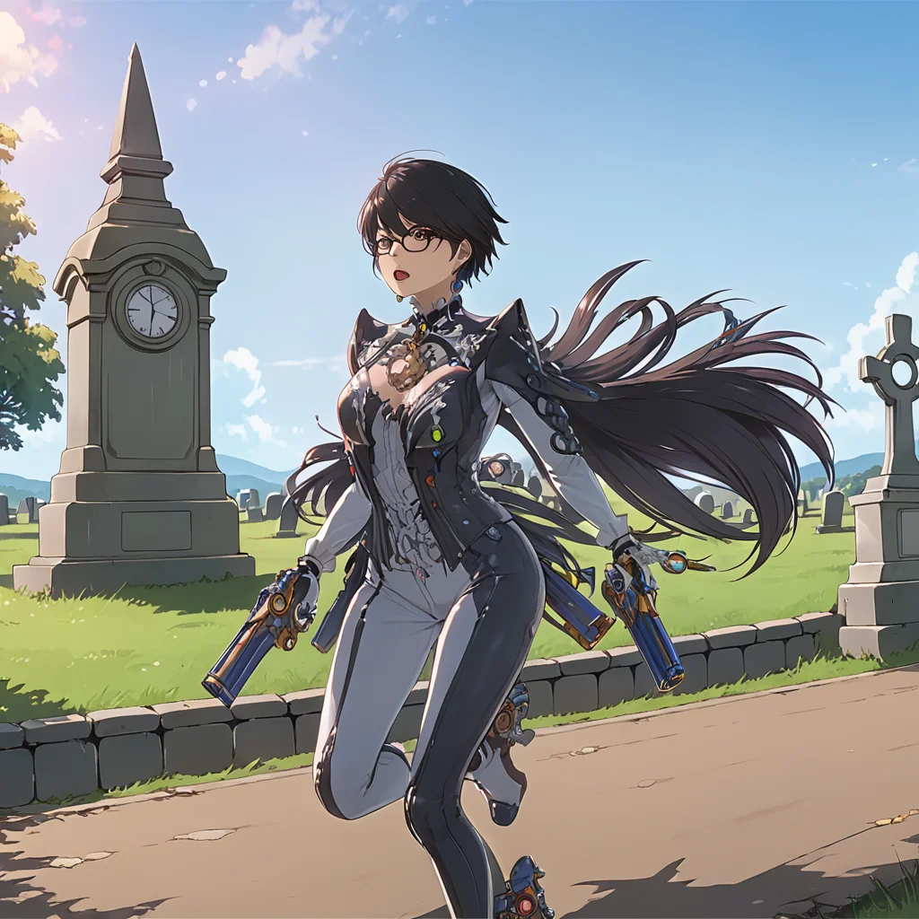 woman at graveyard, BayonettaXL, guns, pistols, action pose <lora:BayonettaXL:.7>, (anime, masterpiece, intricate:1.3), (best quality, hires textures, high detail:1.2), (4k),(incredibly detailed:1.4),UHD, 8K, ultra detailed