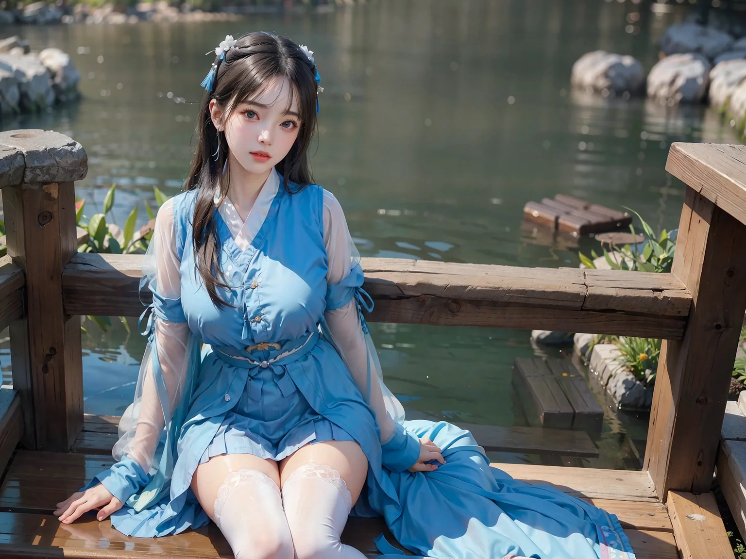 (8k, RAW photo, best quality, masterpiece:1.2), (realistic, photo-realistic:1.4), highres, 1girl an extremely delicate and beautiful girl, (full body:1.2), extremely detailed eyes and face, ultra-detailed, extremely detailed, depth of field, looking at viewer, Suzhou gardens, ming style outfits, ming hanfu, (big breast:1.1), (chest ru skirt:1.2), extra-long sleeve, fold collar, (thighhighs:1.1), beautiful detailed eyes, a sweet girl, gorgeous, rough skin, (oval face:1.1), cute, professional lighting, physically-based rendering, <lora:cuteGirlMix4_v10:0.3>, <lora:hanfu_v29:0.5>, <lora:3loraGuofeng3Lora_v32LoraBigLight:1.4>,<lora:chilloutmixss_xss10:0.2>, <lora:gachaSplashLORA_gachaSplash31:0.35>, <lora:koreanDollLikeness_v20:0.1>