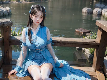 (8k, RAW photo, best quality, masterpiece:1.2), (realistic, photo-realistic:1.4), highres, 1girl an extremely delicate and beautiful girl, (full body:1.2), extremely detailed eyes and face, ultra-detailed, extremely detailed, depth of field, looking at viewer, Suzhou gardens, ming style outfits, ming hanfu, (big breast:1.1), (chest ru skirt:1.2), extra-long sleeve, fold collar, (thighhighs:1.1), beautiful detailed eyes, a sweet girl, gorgeous, rough skin, (oval face:1.1), cute, professional lighting, physically-based rendering, <lora:cuteGirlMix4_v10:0.3>, <lora:hanfu_v29:0.5>, <lora:3loraGuofeng3Lora_v32LoraBigLight:1.4>,<lora:chilloutmixss_xss10:0.2>, <lora:gachaSplashLORA_gachaSplash31:0.35>, <lora:koreanDollLikeness_v20:0.1>