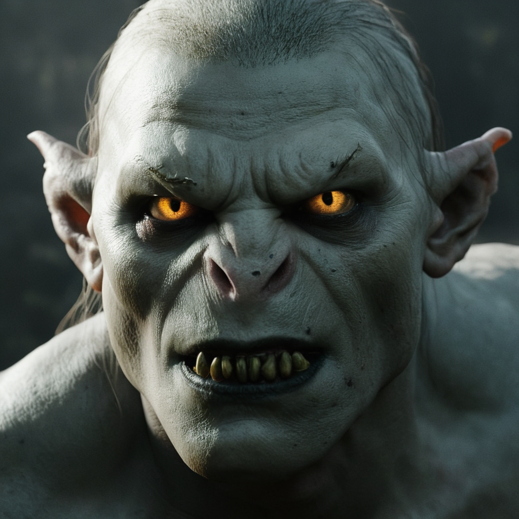 cinematic film still of  <lora:The Lord of the Rings style v2:1>
In a Fantasy Middle-earth world in the dark ages Azog Orc-lord of the Third Age a drawing of a orcman with a creepy face,solo,looking at viewer,simple background,1boy,white background,male focus,teeth,colored skin,scar,traditional media,portrait,colored sclera,realistic , dramatic light, dramatic shadow light, film contrast, cinematic film color, cinematic film look, filmic, realistic, realism, perfection, perfect, movie still, fantasy drama, epic drama, fictional, Age of Wonders, Age of Empires, warriors,  Medieval style, middle ages, dungeons and dragons style, different people, different, unique, kingdoms and castles, violent, aggressive, detailed, perfection, detailed face, detailed body, detailed hands, detailed eyes, sharp, horror themed, dark themed, epic fantasy adventure film style, Legendary, mythical, The Lord of the Rings style, shallow depth of field, vignette, highly detailed, high budget, bokeh, cinemascope, moody, epic, gorgeous, film grain, grainy
