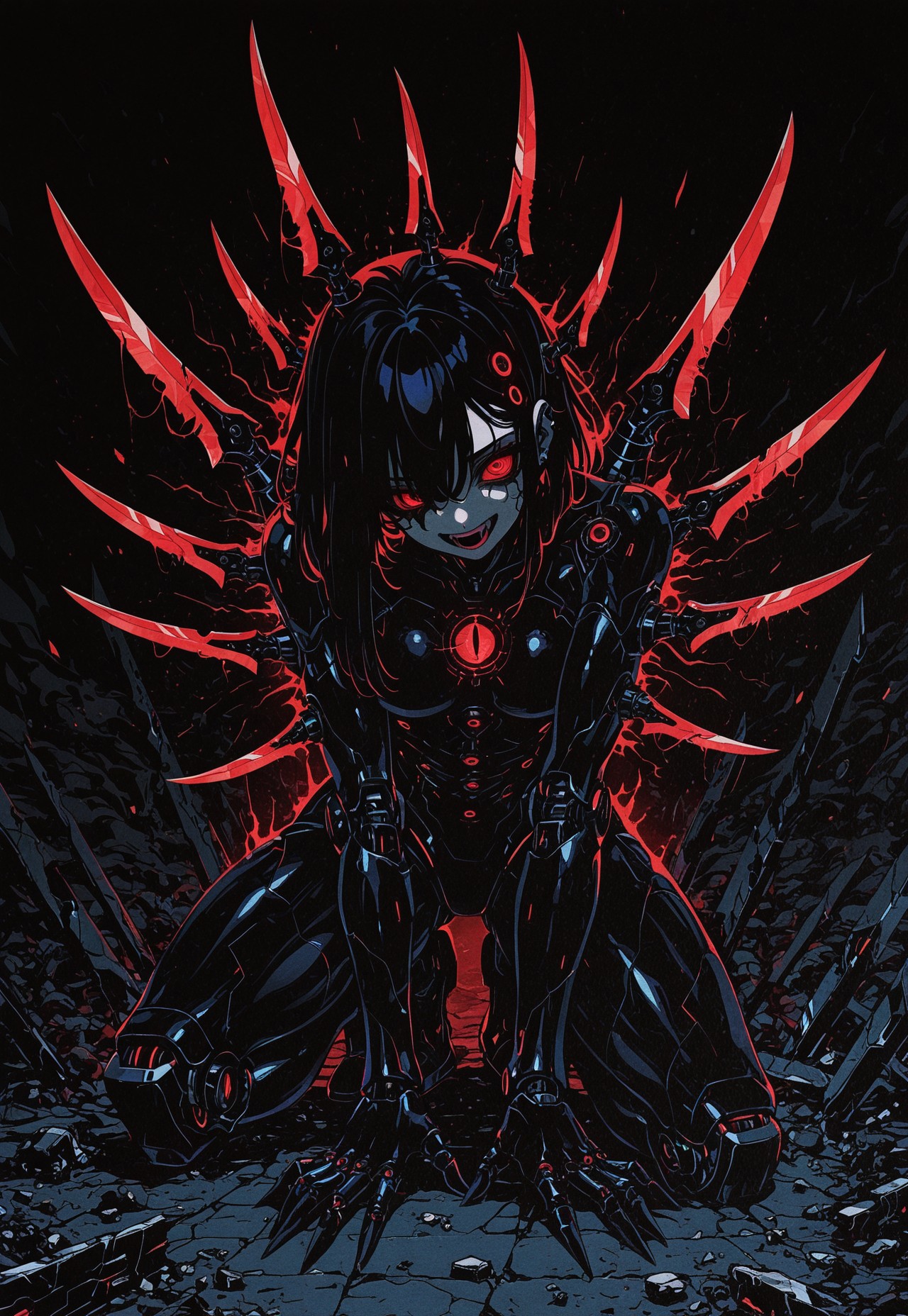 masterpiece, best quality, amazing quality, high resolution, aesthetic, 1girl, robot girl, black body with red details,  red eyes, asymmetric hair, headtilt, broken robot, crazy, dark background,  DRKWB, blade arms, on one knee, open mouth,  laughing