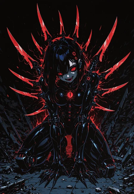 masterpiece, best quality, amazing quality, high resolution, aesthetic, 1girl, robot girl, black body with red details, red eyes, asymmetric hair, headtilt, broken robot, crazy, dark background, DRKWB, blade arms, on one knee, open mouth, laughing