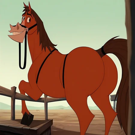 score_8_up, score_9, horse, rear view, big butt, feral, Orange fur, halters, looking at viewer, looking back, horse tail, smile, male,