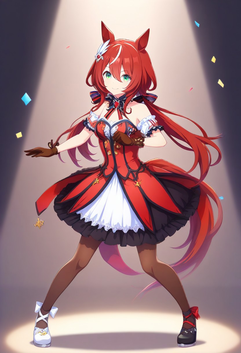 Jed-StickyN, confetti made of sticky notes, 
(win_variation_(umamusume), 1girl, solo, streaked_hair, tail, twintails, shobufuku,animal_ears, asymmetrical_footwear, black_gloves, black_shoes, brown_pantyhose, character_name, closed_mouth, dress, floating_hair, frilled_sleeves,  )
frills, gloves, green_eyes, grey_background, hair_between_eyes, hair_ornament, horse_ears, horse_girl, horse_tail, long_hair, low_twintails, mismatched_footwear, multicolored_hair, pantyhose, 
(pleated_skirt, red_dress, red_hair, shoes, short_sleeves, skirt, small_breasts, smile,  looking_at viewer, bangs, hair_between eyes, bare_shoulders, full_body, black_pantyhose, brown_gloves, dancing, red_spotlight, black_footwear, white_footwear, mismatch_footwear, dynamic_pose,  very_long_hair, white_background, white_hair, white_shoes, white_skirt : 0.7)