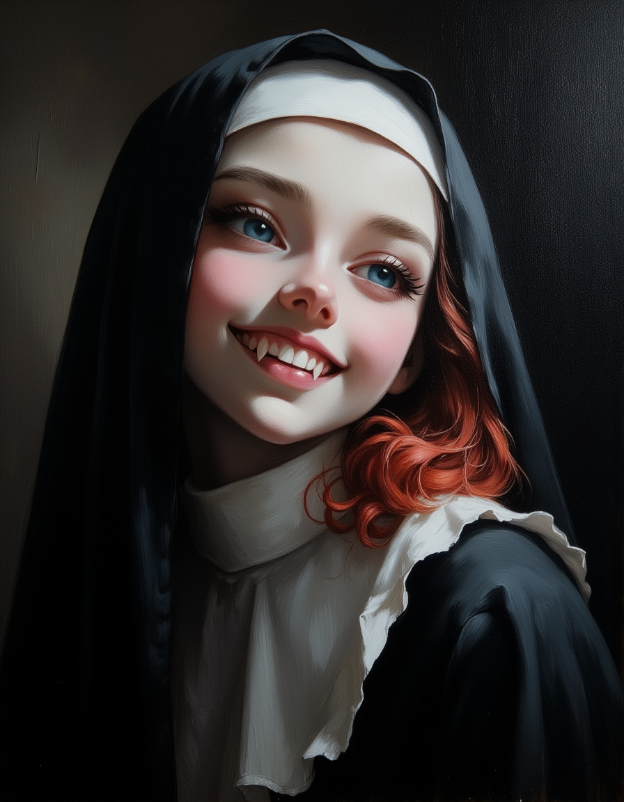 masterpiece, high quality, Oil Painting, Hyper-realistic, hyper-detailed portrait painting of an awkwardly beautiful 18 year old nun vampire who is wearing a classical nun habit, she is prim and proper. She is smiling showing her vampire fangs. She has white skin, glowing blue eyes, and a little red hear is peeking out from under her habit. She looks like a fashion model. Focus on the girl, shadow and light, Masterpiece, intricate lines, intriguing atmosphere, sharp magnificent details, delicate features, elaborate details, (2\3 rule composition:0.5), ultra detailed, romantic, Rembrandt lighting, brush stroke, lovely, del1cate_balance style, novuschroma, in the style of Rembrandt. vantablack <lora:style_of_Rembrandt_FLUX_135:.8> <lora:- Flux1 - vanta_black_V2.0:.3> <lora:Delicate_Balance:.3> <lora:neeeg_f1:-1> <lora:113_novuschromaFLX_1:.4> <lora:FluxF4ngs:1>