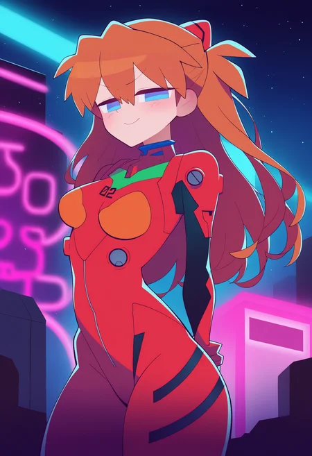 best quality, amazing quality, very aesthetic, absurdres,
1girl, asuka langley, red plugsuit, standing, smug, looking at viewer, futuristic background, neon light , buildings, night, <lora:FlipherrNoobLocon_byKonan:1>