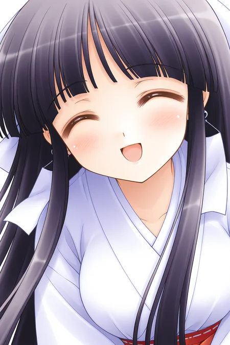 masterpiece, best quality, absurdres, official art, official style, general BREAK <lora:arisakamatsuri_IL_v1-2:0.7>, arisaka matsuri, 1girl, solo, purple eyes, black hair, purple hair, very long hair, blunt bangs, hime cut, sidelocks, hair ribbon, white ribbon, medium breasts, large breasts, earrings, miko, white kimono, long sleeves, wide sleeves, upper body, portrait, close-up,
blush, :d, ^o^, closed eyes, happy, open mouth