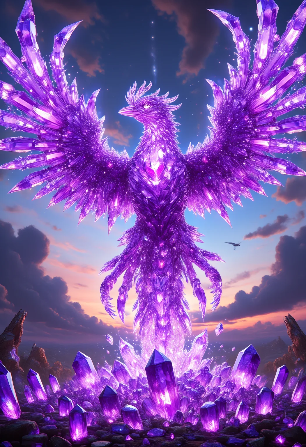 The Amethyst Phoenix Rising from the Ashes
A colossal phoenix, entirely made of sparkling amethyst crystals, bursts into the sky from a bed of glowing purple ashes. Its crystalline wings spread wide, scattering shards of violet light with each powerful beat. The fiery aura around the phoenix is a glowing mix of purple and white, creating a surreal flame-like effect as it soars through a twilight sky. The ground below is littered with fragments of shattered amethyst, glowing faintly like embers.