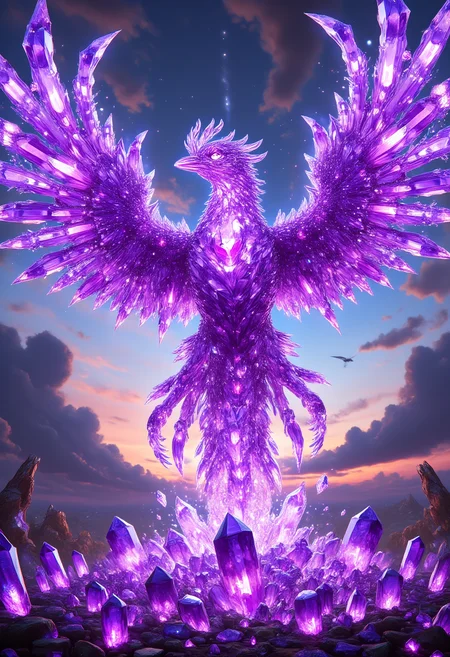 The Amethyst Phoenix Rising from the Ashes
A colossal phoenix, entirely made of sparkling amethyst crystals, bursts into the sky from a bed of glowing purple ashes. Its crystalline wings spread wide, scattering shards of violet light with each powerful beat. The fiery aura around the phoenix is a glowing mix of purple and white, creating a surreal flame-like effect as it soars through a twilight sky. The ground below is littered with fragments of shattered amethyst, glowing faintly like embers.