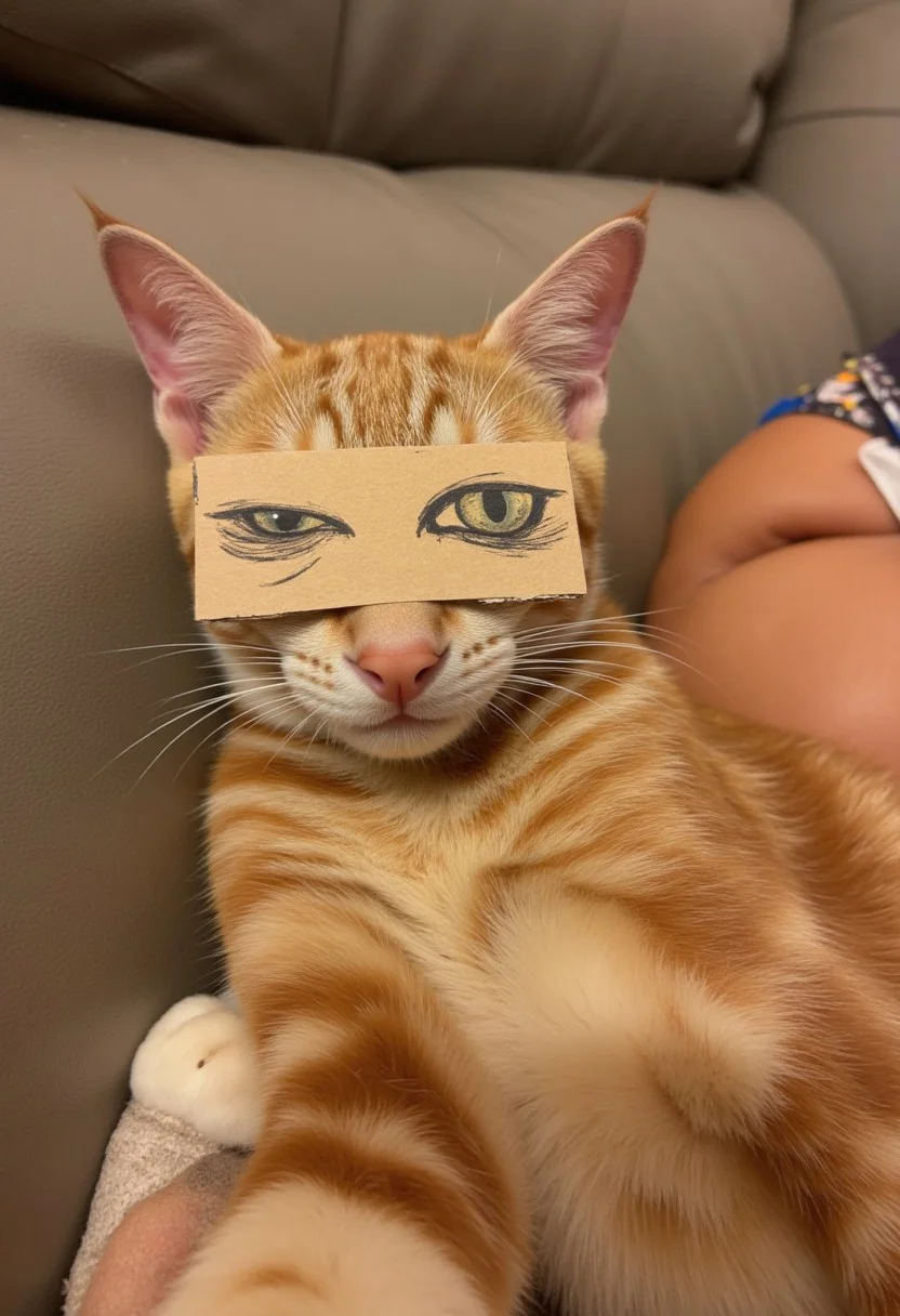 Create an ultra-realistic image of a sleeping tabby red cat, nana_hk with carefully **attached cardboard with drawn open eyes**. The cat is sleeping on a rug, with a cardboard attached right in the eye area, on which **open eyes are drawn funny and slightly clumsily in black and white pencil**. The image looks very comical because the cat is sleeping, and the outer drawn eyes are open. The eyes are drawn a little carelessly, by hand. The drawn eyes are slightly slanted. The main emphasis in the photo is on the very funny look of a sleeping cat with drawn open eyes. The style of the image is photorealism.