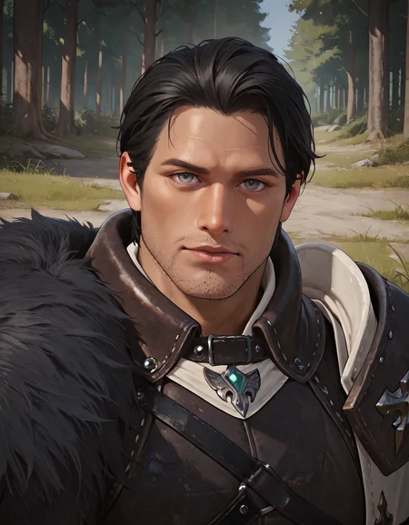 cinematic_depth, 8k, soft_lighting, warm_glow, ultra_high_quality, masterpiece, best quality, newest, perfect quality, intricate details, detailed background, male focus, realistic, solo, <lora:Throne and Liberty - Robert - Illustrious-000005:0.7>, tl_robert, 1boy, mature male, stubble, black hair, leather armor, fur-trimmed pauldron, grey eyes, outdoors, colorful forest, green trees, grass, plants, looking at viewer, portrait, head tilt