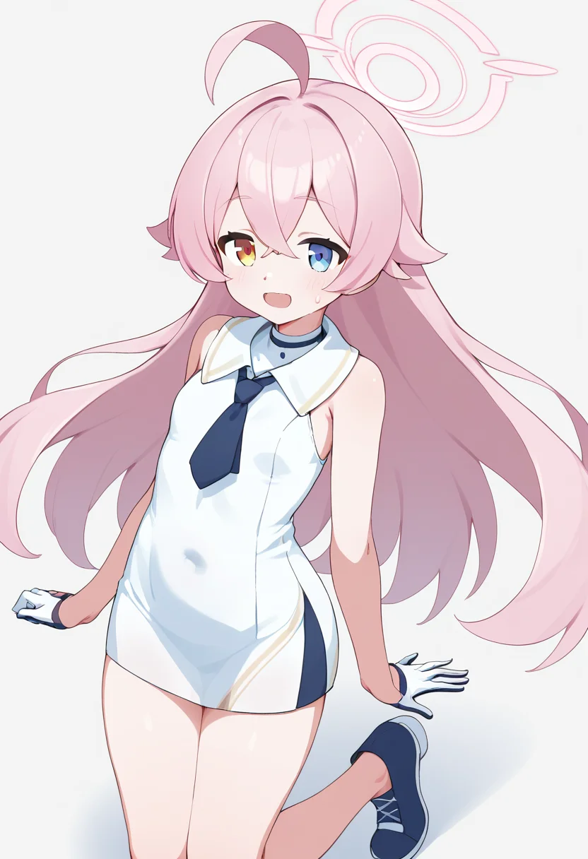 score_9, score_8_up, score_7_up, BREAK source_anime, 1girl, solo, operator uniform, hoshino \(blue archive\), heterochromia, long hair, pink hair, ahoge, halo, white garrison cap, neckerchief, white dress, short necktie, sleeveless, half gloves, white short boots <lora:utnapishtim_operator_uniform:0.6> <lora:hoshino_ver2_blue archive_PONY_epoch-000020:0.8>