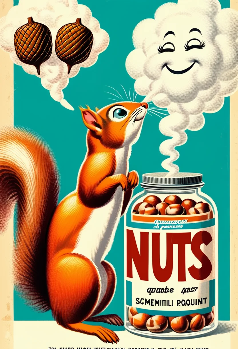 <lora:ODOR_AI:1> Smellingodor, adorable squirrel, holding a jar labeled NUTS, double symmetrical odor cloud coming from the jar, sniffing, smelling, extremely detailed, NUTS text, high quality, whimsical, scientific paper, science fiction, scientific paper
