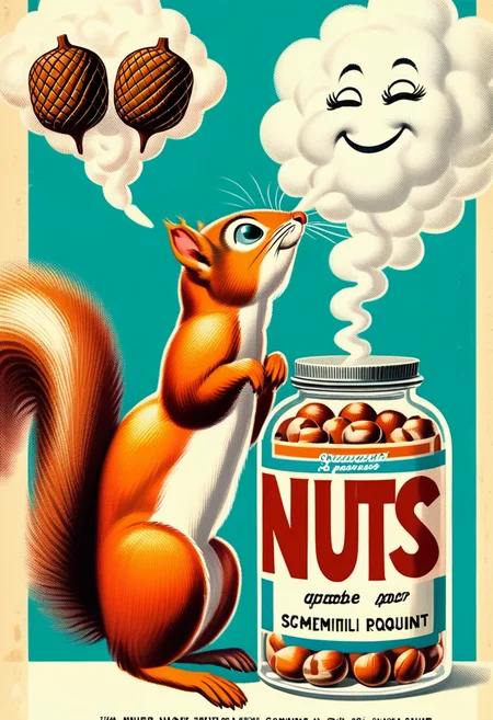 <lora:ODOR_AI:1> Smellingodor, adorable squirrel, holding a jar labeled NUTS, double symmetrical odor cloud coming from the jar, sniffing, smelling, extremely detailed, NUTS text, high quality, whimsical, scientific paper, science fiction, scientific paper