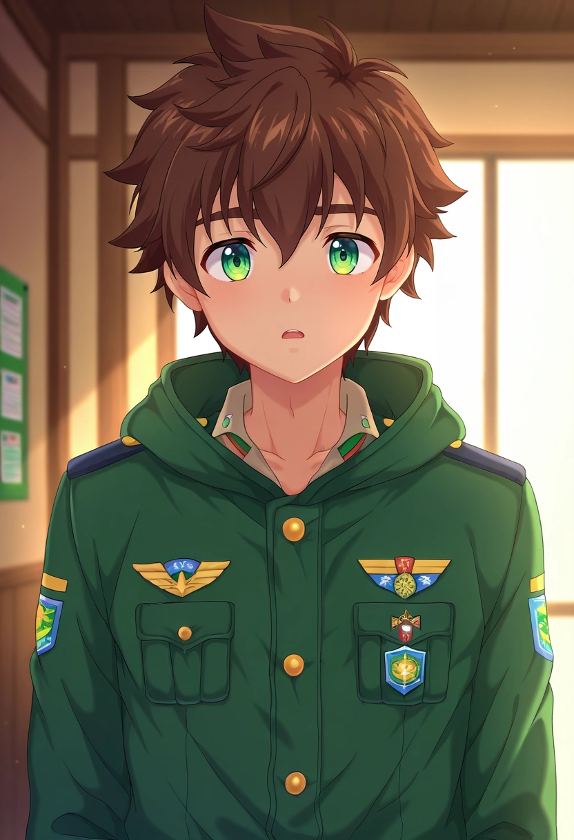 masterpiece, best quality, intricate details, anime screencap, , , , depth of field, 1boy, solo, male focus, <lora:keitaro_nagame_ilxl:0.82>, keitaro_nagame, brown hair, green eyes, short hair, , uniform, , zombie costume