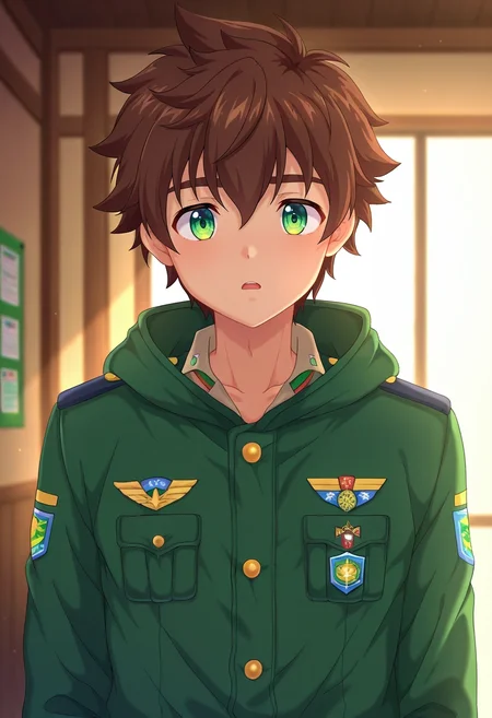 masterpiece, best quality, intricate details, anime screencap, , , , depth of field, 1boy, solo, male focus, <lora:keitaro_nagame_ilxl:0.82>, keitaro_nagame, brown hair, green eyes, short hair, , uniform, , zombie costume