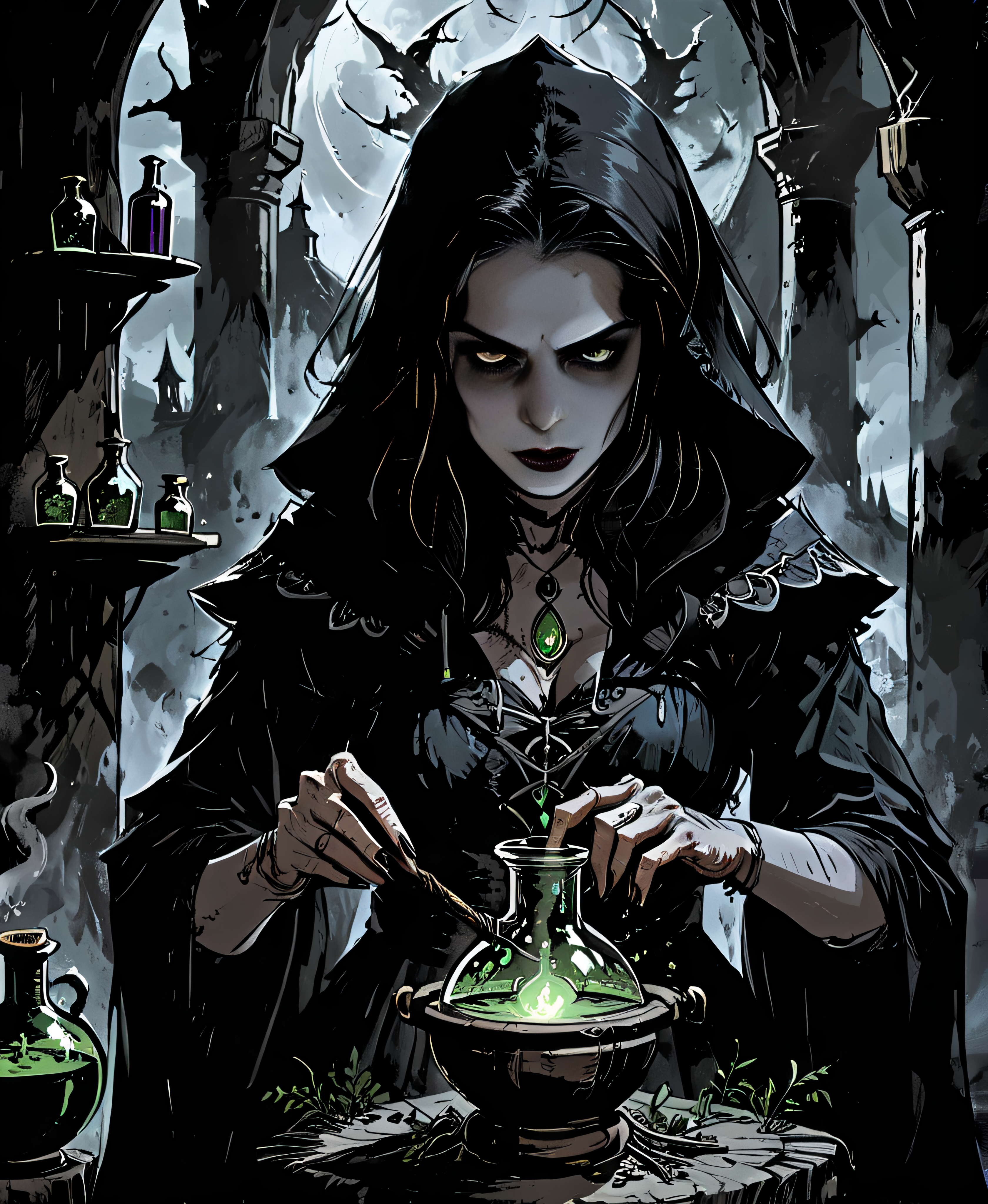best quality, masterpiece, ultra detailed, a dark witch making a potion, dark fantasy, medieval, <lora:Dark_Novel:0.8>