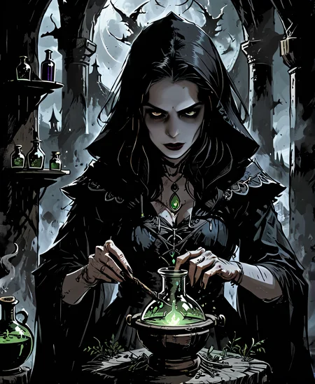 best quality, masterpiece, ultra detailed, a dark witch making a potion, dark fantasy, medieval, <lora:Dark_Novel:0.8>