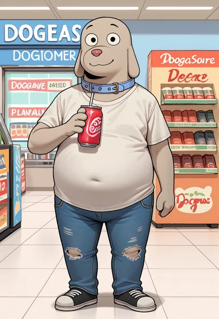 score_4_up, score_5_up, score_6_up, score_7_up, score_8_up, score_9, DogVaron, 1boy, solo, dog, beige fur, round eyes, small eyebrowns, pink nose, blue collar, wide hips, looking at viewer, front view, full body, standing, shopping mall, smile, slightly chubby, sunglasses, ripped jeans, Loose shirt, drinking soda