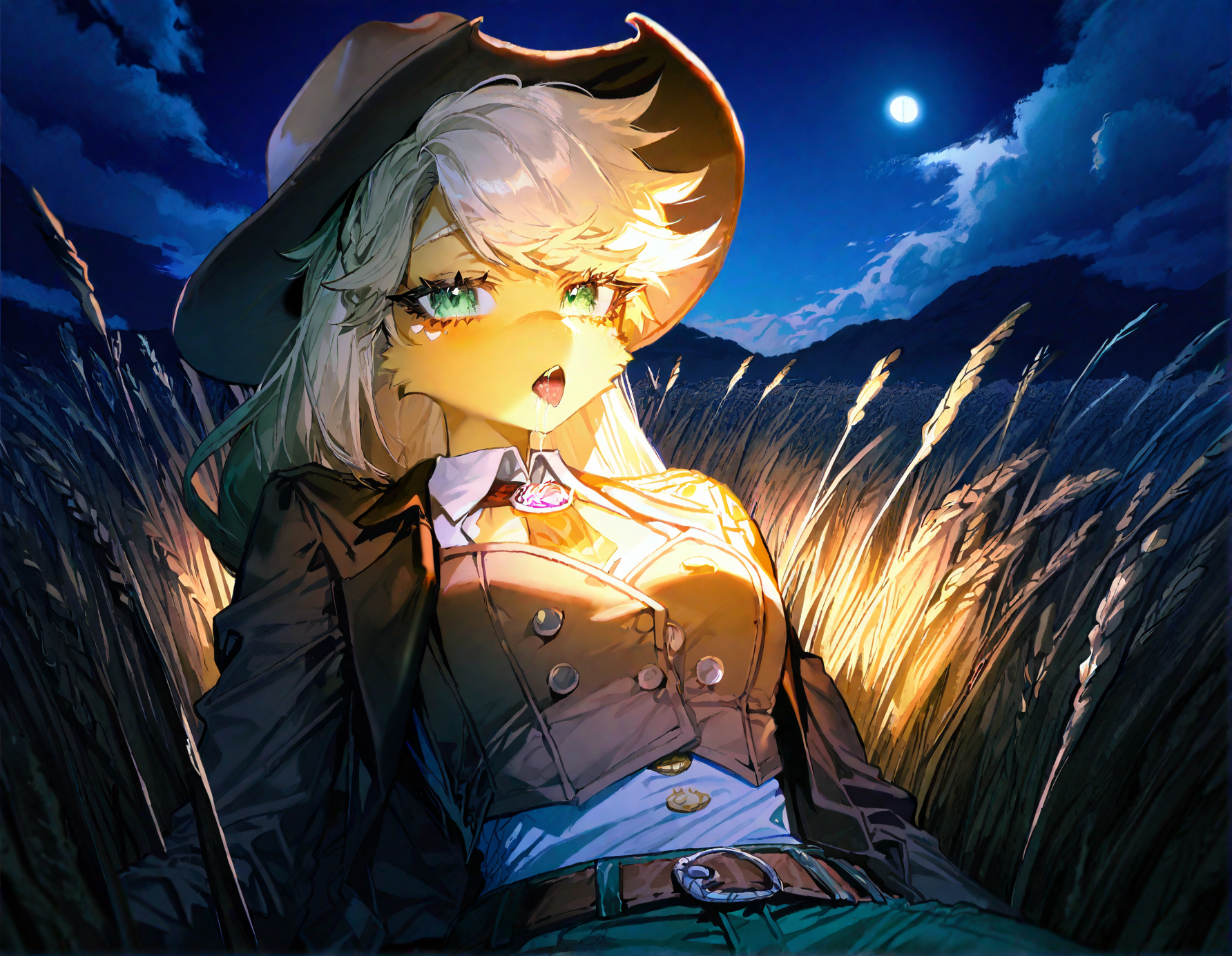 applejack , 1girl, blonde_hair , cloud ,colored_skin, furry, furry_female, long_hair,orange_skin ,outdoors, personification , solo, , wheat_field,Straw ,dot_nose, freckles, green_eyes , medium breast,night, moon,  deep night, galaxy,
green_pants, jacket,long_hair, official_alternate_costume, open_jacket, pants, single_braid, yellow_shirt,adapted_costume , braid ,brooch ,brown_belt, brown_hat, brown_jacket, buttons, cowboy_hat ,detached_collar, knee_boots,  
, pov, looking at viewer, lying, tongue ,tongue_out , open mouth, saliva,saliva_trail ,saliva_drip ,on back, suggestive_fluid,
rella, rolua,  quasarcake:0.8, negative space,  very awa,
masterpiece, best quality, Good quality, very aesthetic, absurdres, newest, (Perfect details),
<lora:ponyv5_noobV065S_1_adamW:0.8>, <lora:illustrious_noobai_epsilon_pred_1_best_quality_v1:0.7> ,<lora:illustrious_noobai_epsilon_pred_11_very_aesthetic_v1:0.7> ,<lora:illustrious_noobai_epsilon_pred_1_masterpieces_v1:0.7> , <lora:Straw_thread:1>