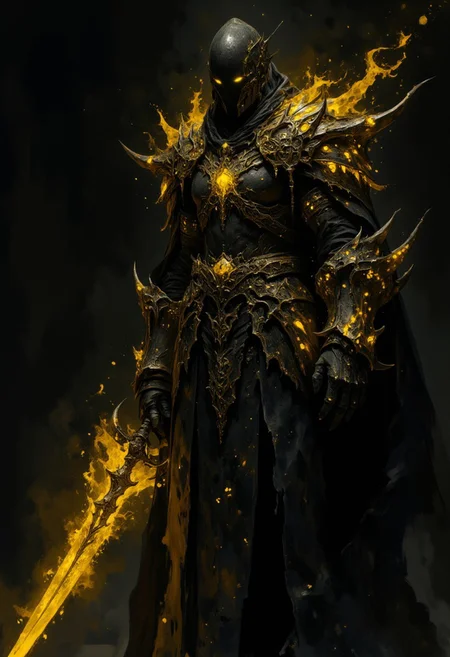 A captivating conceptual illustration of a dark entity clad in intricate, powerful armor. The figure is shrouded in darkness, with only two glowing yellow eyes visible, and holds a massive glowing yellow sword against their chest. Their ornate armor, a blend of power and magic, is accentuated by an aura of yellow particles that emit a mystical and formidable presence. The character's confident and strong posture is highlighted against the dark background, with shadows adding depth and contrast. This striking image is perfect for a high fantasy or dark cinematic setting.