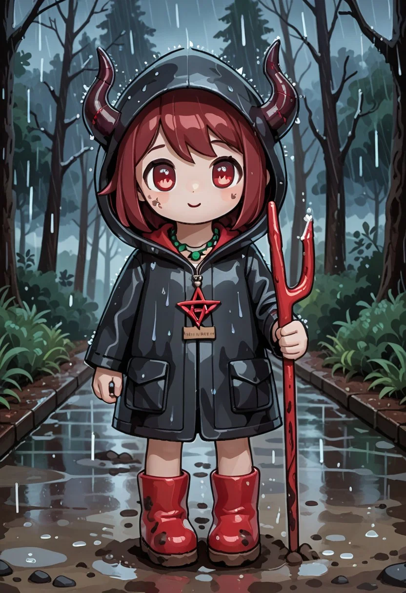 score_9, score_8_up, score_7_up, BREAK
highres, highly detailed, high resolution, high quality,
source_anime, anime screencap, saturation, vivid colors,
1girl, solo, luce, full body, standing, demon girl,
(dark red hair:1.2), (big dark red eyes:1.1), medium hair, cute, (grey skin:1.1), (horns:1.2),
(long black raincoat:1.1), dirty black rubber boots,
pentagram necklace, holding red trident,
cute, bokeh,
blurry background, forest background, path, rain,
stkyswt, outline