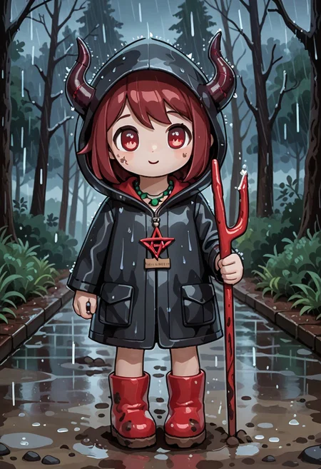 score_9, score_8_up, score_7_up, BREAK
highres, highly detailed, high resolution, high quality,
source_anime, anime screencap, saturation, vivid colors,
1girl, solo, luce, full body, standing, demon girl,
(dark red hair:1.2), (big dark red eyes:1.1), medium hair, cute, (grey skin:1.1), (horns:1.2),
(long black raincoat:1.1), dirty black rubber boots,
pentagram necklace, holding red trident,
cute, bokeh,
blurry background, forest background, path, rain,
stkyswt, outline