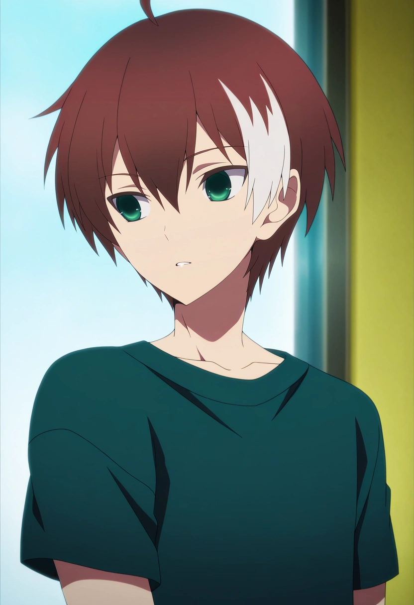 masterpiece, best quality, , anime screencap, , ,, 1boy, solo, male focus, <lora:akatsuki_iride_ilxl:0.98>, akatsuki_iride, brown hair, green eyes, short hair, ahoge, multicolored hair, two-tone hair, white hair, ,