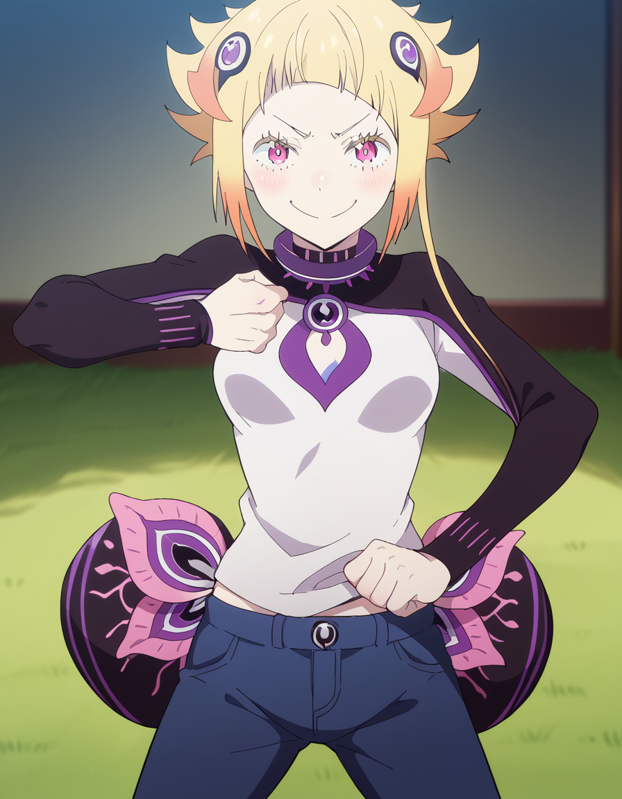 score_9, score_8_up, score_7_up, source_anime, <lora:capella-emerada-lugunica-s3-p1-ponyxl-lora-nochekaiser:1>, capella emerada lugunica, short hair, blonde hair, hair ornament, pink eyes, multicolored hair, gradient hair,, shirt, t-shirt, white shirt, pants, denim pants,, field, grass, open space, farming, crops, smile, <lora:giorno-giovannas-pose-ponyxl-lora-nochekaiser:1>, giorno giovannas pose, giorno giovanna's pose (jojo), jojo pose, hand up, arm up, clenched hand, hand on waist, blush, shirt, smile, bed room, cowboy shot, looking at viewer, solo,, dutch angle, cowboy shot