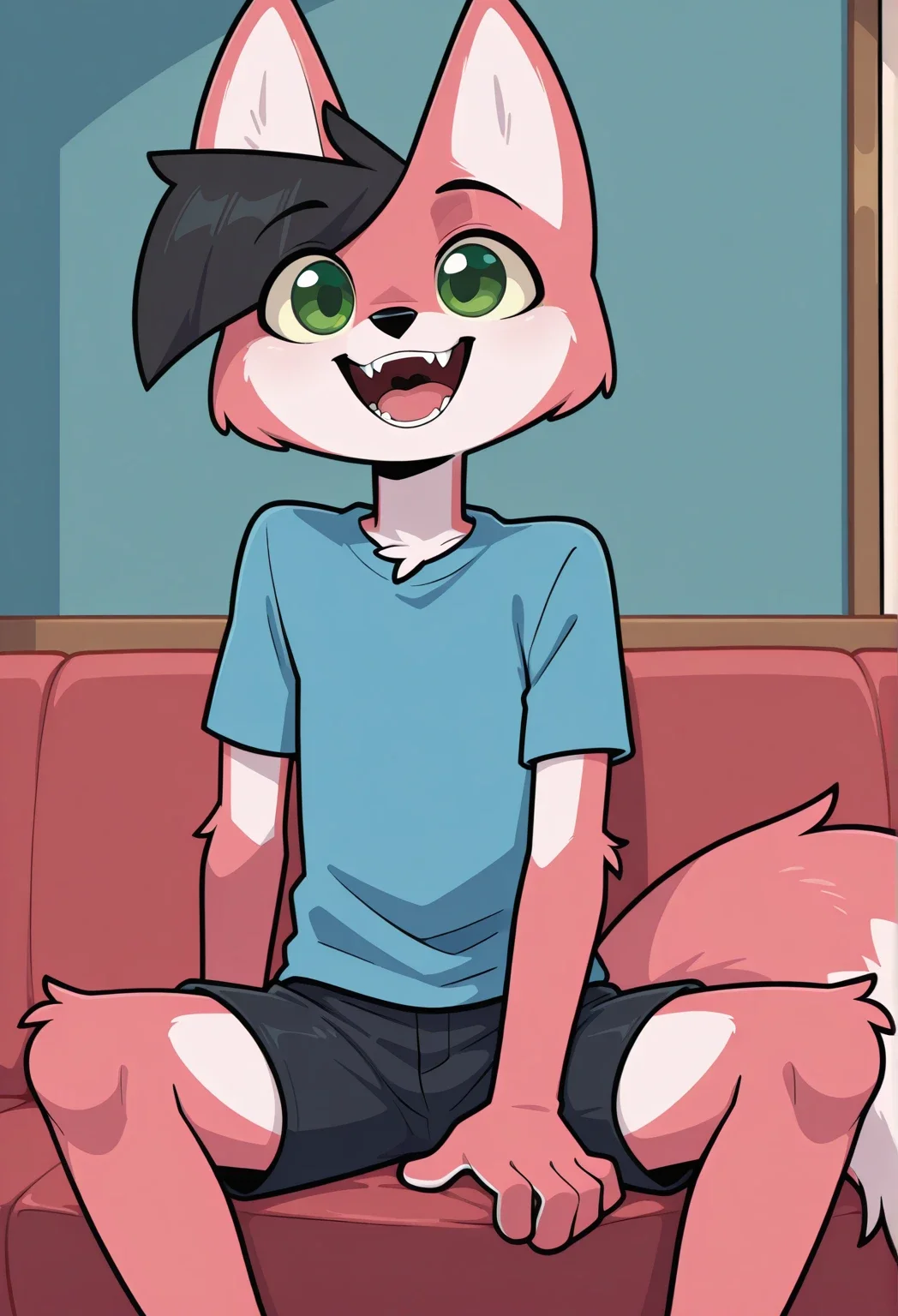 score_9, score_8_up, score_7_up, score_6_up, score_5_up, score_4_up, source_furry, solo, source_cartoon, fox, Ris_fox, anthro fox, furry male, black hair, green eyes, red body, animal ears, furry character, hotel room, happy, anthro, fur, furry body, show accurate, fangs, detailed, open mouth, beautiful, male, vector, flat colors, 4k, ultra detailed, open mouth, focus eyes, sitting, on sofa, shorts, pants, shirt, happy