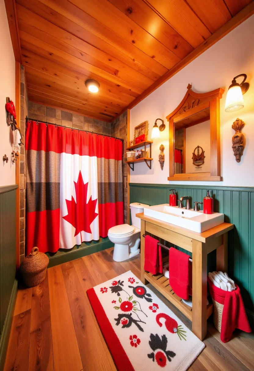 <lora:Custom_Bathroom_Crafter_FLUX-000013:0.7>
This is a photograph of a rustic, Canadian-themed bathroom, with red and white details.