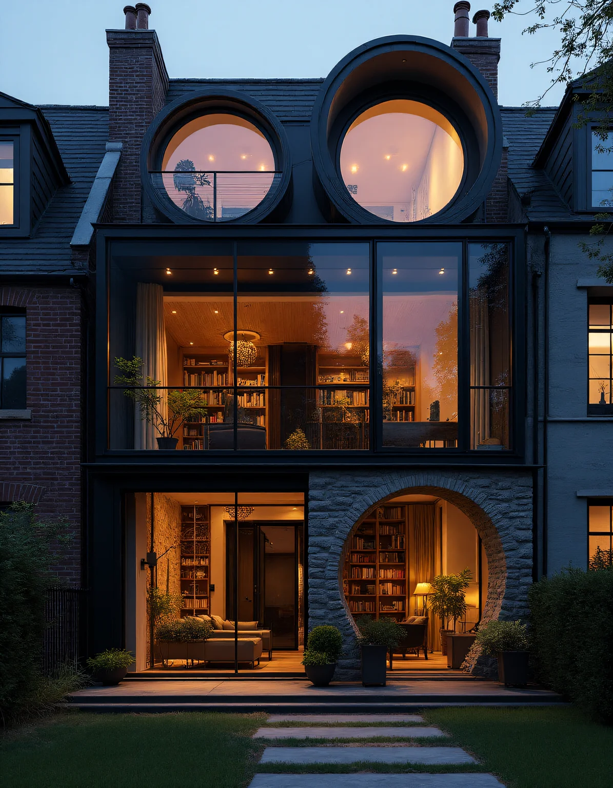 A striking, modern townhouse with a blend of historical and contemporary architecture, featuring a facade of arched, circular windows framed in black steel. The exterior is made of a mix of dark brick and stone, with intricate masonry surrounding the windows. Warm, ambient lighting from within the house highlights the elegant design of the interior, visible through the large, glass-paneled archway on the ground floor. The interior is illuminated with soft, golden light, showcasing a cozy, open-plan living space with modern furnishings and bookshelves. The upper floors feature large circular and arched windows, creating a geometric contrast with the rectangular shape of the house. The scene is set at twilight, with the sky darkening and the warm lights creating a welcoming glow. The foreground features a small garden with manicured bushes and stepping stones leading up to the front entrance. aidmaHyperrealism <lora:aidmaHyperrealismv0.3:0.6> <lora:Sinfully_Stylish_.02_for_FLUX:0.6> in the style of Jed-clrfl <lora:flux-colourful:0.3> <lora:FluxDFaeTasticDetails:0.6>