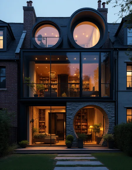 A striking, modern townhouse with a blend of historical and contemporary architecture, featuring a facade of arched, circular windows framed in black steel. The exterior is made of a mix of dark brick and stone, with intricate masonry surrounding the windows. Warm, ambient lighting from within the house highlights the elegant design of the interior, visible through the large, glass-paneled archway on the ground floor. The interior is illuminated with soft, golden light, showcasing a cozy, open-plan living space with modern furnishings and bookshelves. The upper floors feature large circular and arched windows, creating a geometric contrast with the rectangular shape of the house. The scene is set at twilight, with the sky darkening and the warm lights creating a welcoming glow. The foreground features a small garden with manicured bushes and stepping stones leading up to the front entrance. aidmaHyperrealism <lora:aidmaHyperrealismv0.3:0.6> <lora:Sinfully_Stylish_.02_for_FLUX:0.6> in the style of Jed-clrfl <lora:flux-colourful:0.3> <lora:FluxDFaeTasticDetails:0.6>