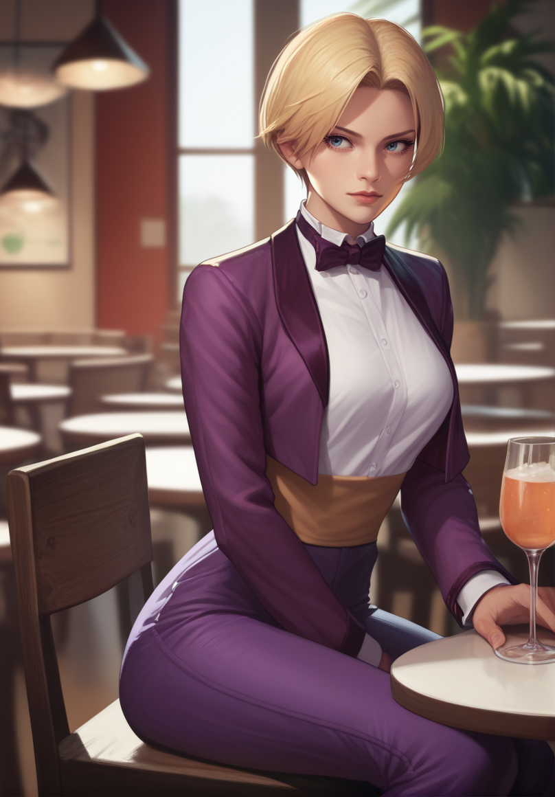 realistic, score_9, score_8_up, score_7_up, score_6_up, score_5_up, score_4_up, <lora:King2000_t3-000013-128:1.0> 1girl, KOFKing, short blonde hair, large breasts, bowtie, purple cropped jacket, purple pants, sitting,
, restaurant, indoors