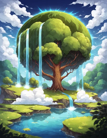 score_9, score_8_up, score_7_up, BREAK
, a majestic floating island with a colossal tree at its center, waterfalls cascading down into a mirror-like water surface, lush green foliage, detailed tree bark with glowing blue veins, serene sky with fluffy white clouds, distant planets visible in the sky, intricate vegetation, depth of field, volumetric lighting, high dynamic range, sense of wonder and tranquility, extremely detailed background with layers of clouds, reflections in the water, glowing aura around the tree, magical and enchanting atmosphere, small red-robed figure on the island, peaceful and awe-inspiring scene