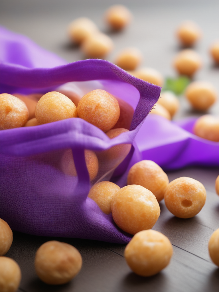 A close-up shot of a bowl or bag full of delicious Hangiball, a popular snack. The Hangiball have a smooth surface that is free of cracks or irregular bumps. They are piled high in their container, with some pieces spilling over the edge, adding a sense of abundance. The scene is set in a casual dining environment, with blurred background elements that suggest a relaxed, everyday setting. The lighting should be warm and inviting, highlighting the appetizing qualities of the Hangiball and the cozy atmosphere of the setting,Purple.tawny, <lora:hanjiball:0.7>