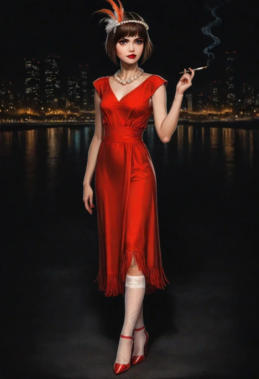 (full body:1.27), (solo:1.15), cute girl, detailed body, detailed face, detailed background,
1girl, young,cute face, petite, (1920s flapper, retro style, in 1920 style:1.23), (short bob haircut with finger waves:1.19), bold red lipstick, smoky eyes, (knee-length straight dress with fringe and beads:1.25), low-waisted, (natural silk stockings:1.22), t-strap heels, long pearl necklace, (feather headband:1.13), holding cigarette holder, confident pose, (city park background:1.15) , retro aesthetic, sharp focus, soft light, intricate textures, absurdres, intricate details, DMIXV1.0
