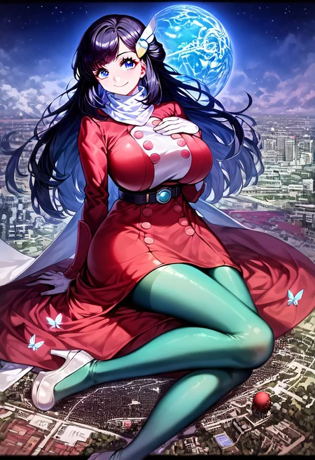 gorgeous lips, cinematic, (masterpiece), (best quality), (ultra-detailed), very aesthetic, perfect composition, intricate details, absurdres, detailed face, (anime, masterpiece, intricate:1.3), (best quality, hires textures, high detail:1.2), score_9, score_8_up, score_7_up, source_anime, 1girl, pokemon dawn, black hair, blue eyes, sidelocks, long hair, eyelashes, hair ornament, scarf, dress, red dress, long sleeves, buttons, gloves, white gloves, belt, pantyhose, green pantyhose, laced heels, white footwear, skirt, flower patterns, alternate_costume, butterflies, massive breasts, facial expression, kind, soft eyes, head tilt, slightly smiling, closed mouth, hand on breasts, goddess, planet size, giantess, enormous body, growing even bigger, larger than cities, towering over cities, small planet, sitting on a the floor, floating object, gradient eyes, beautiful detailed eyes, city background, city, building, skyscrapers, in the city, surrounded by buildings, holding planet, (masterpiece:1.4), (best quality:1.4), (ultra-detailed:1.2), gl0w, glow,